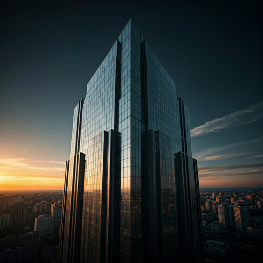 Modern luxury glass skyscraper at golden-hour sunset